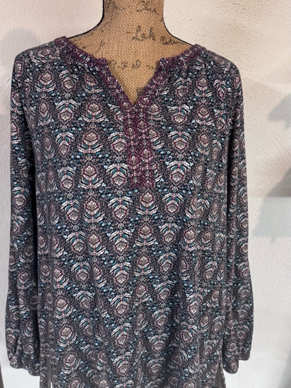 J. Jill Maroon Paisley V-Notch Long-Sleeve Tunic